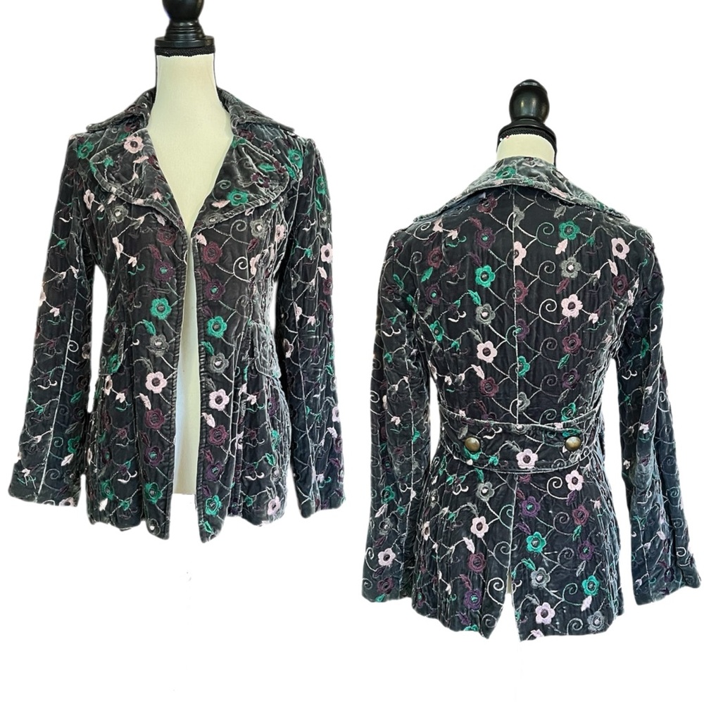 🔥6HR SALE🔥 Vintage Nanette Lepore Floral Embroidery Velvet Blazer Jacket Coat